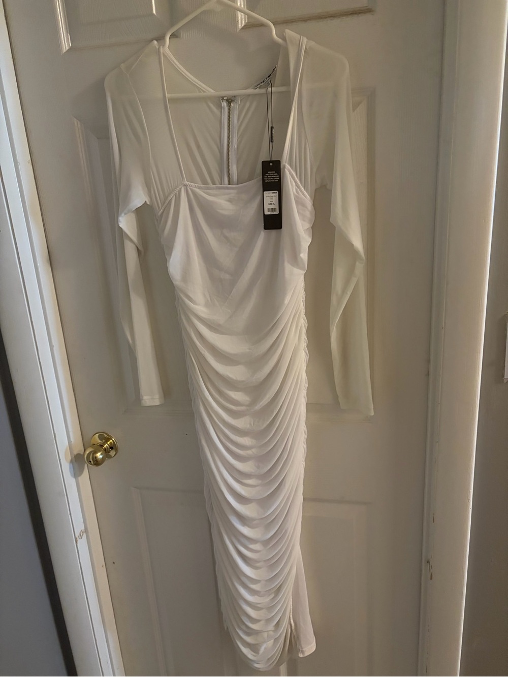 Fashion Nova White Ruched Long-Sleeve Midi Dress